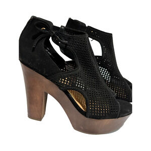 Report Womens Sz 8.5 Black Platform Chunky Ankle Heels fish net look Faux Suede